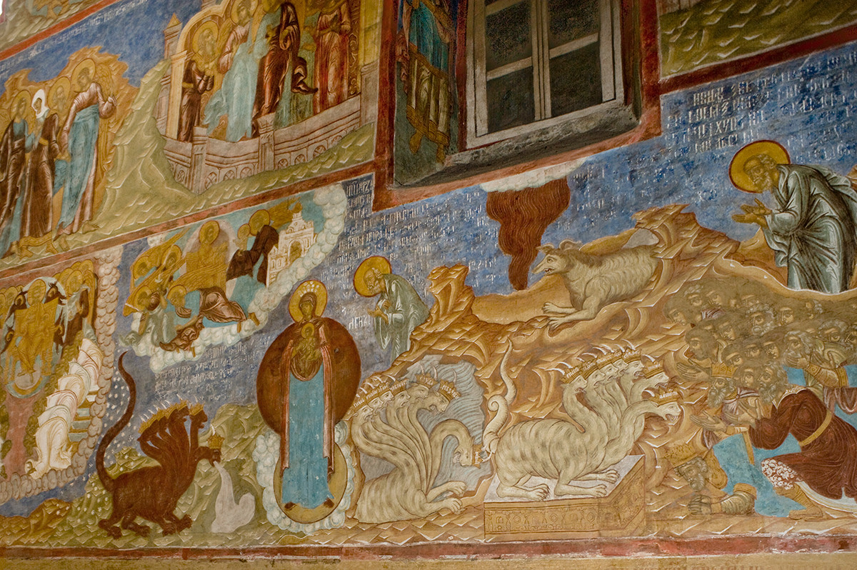 Mur sud, côté droit, 1ère rangée. Fresques de l'Apocalypse, 12-13. Apparition de l'Antéchrist. 