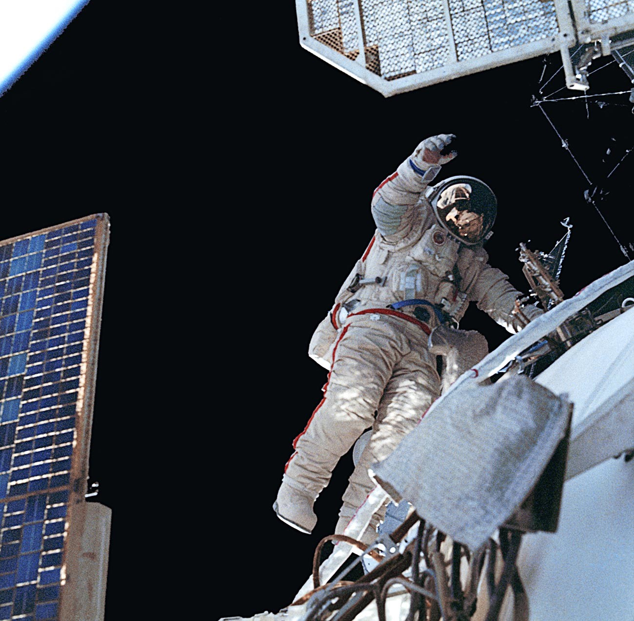 Cosmonaut Alexander Volkov during a spacewalk.