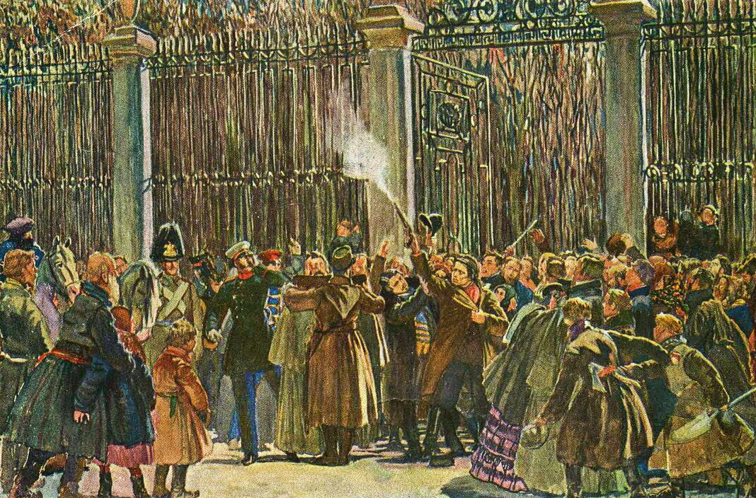 Kartu pos Soviet yang menampilkan peristiwa penembakan Aleksander II oleh Karakozov.