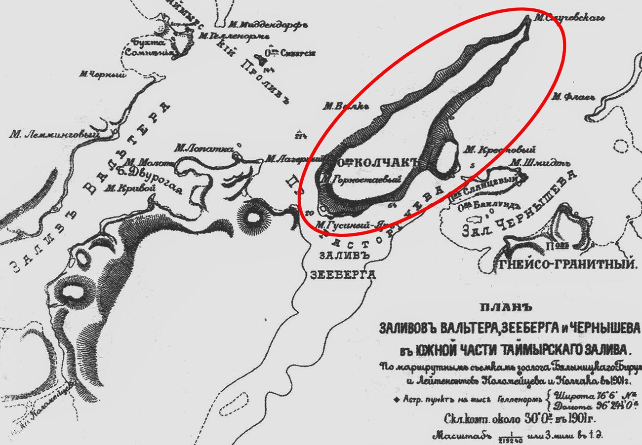 Остров Колчак на карте южной части Таймырского залива.