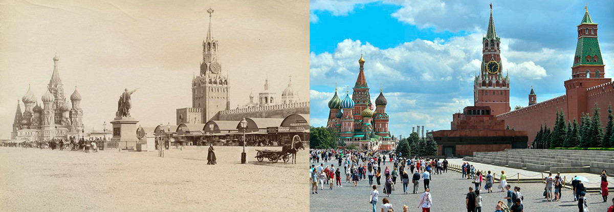 Мавзолей на Владимир Ленин: Търговия на Червения площад 1886-1889 г. (вляво); наши дни (вдясно) 