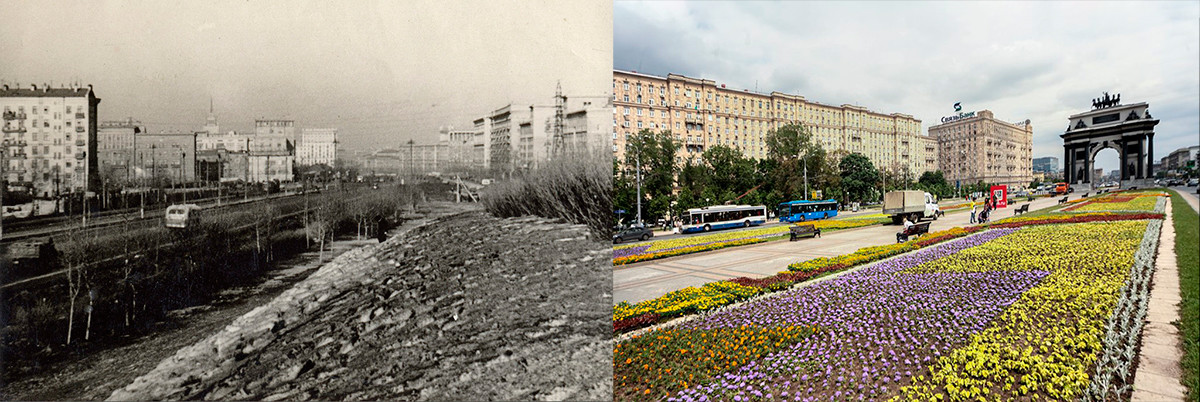 Der Blick vom Poklonnaya-Hügel Mitte der 1950er Jahre und heute.