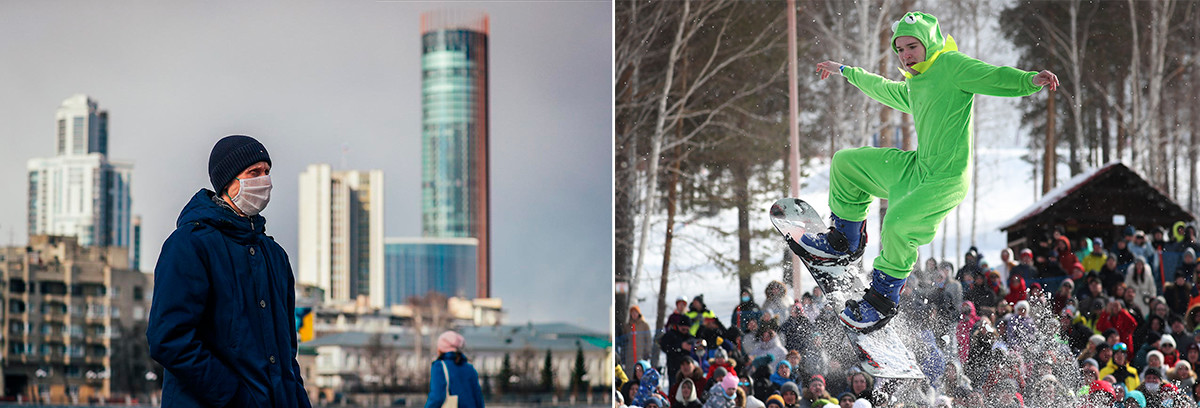 Central Yekaterinburg, April 2, 2020. Red Bull Jump and Freeze show in Yekaterinburg, March 21, 2021. 