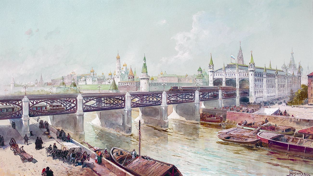 Rancangan proyek P. Balinsky dengan jembatan kereta melintasi sungai Moskow di kawasan Lapangan Merah.