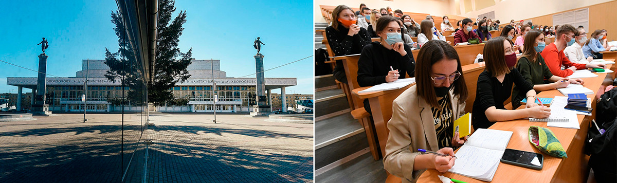 À gauche: Place du Théâtre de Krasnoïarsk, le 31 mars 2020. À droite: Étudiants de l'Institut de Biologie fondamentale et de biotechnologie de l'Université fédérale de Sibérie, à Krasnoïarsk, le 8 février 2021