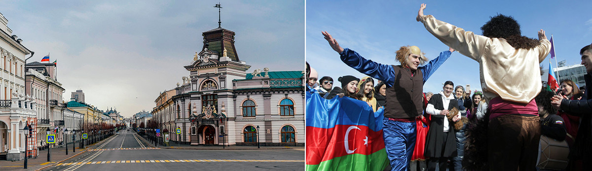 Levo: Kremljevska ulica v Kazanu, 31. marec 2020. Desno: praznovanje Nowruza v Kazanu, 21. marec 2021.
