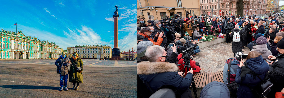 La Piazza del Palazzo a San Pietroburgo, inizio aprile 2020. Cerimonia di inaugurazione della scultura in bronzo 