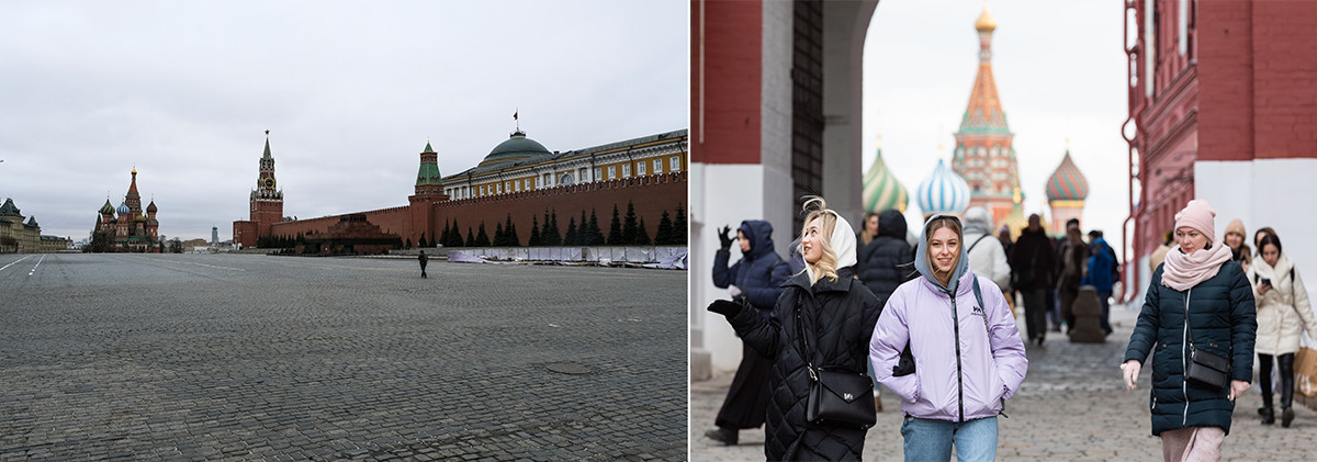 La Piazza Rossa di Mosca nella primavera del 2020 e del 2021
