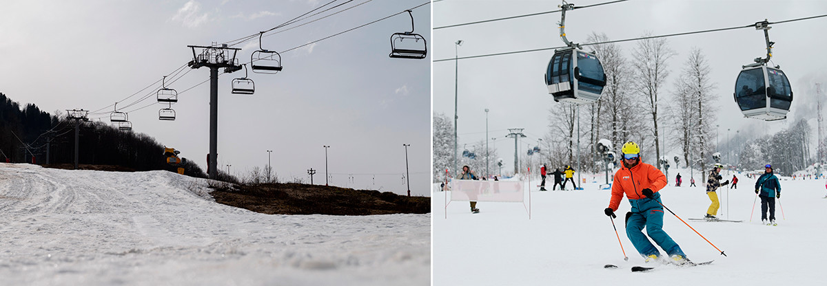 Resor ski Krasnaya Polyana, 28 Maret 2020 (kiri), dan 22 Februari 2021.