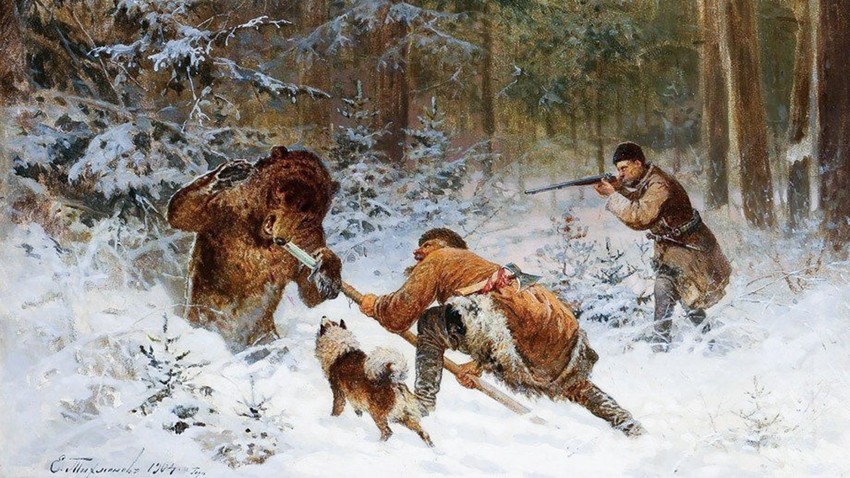 Hunting a bear using a rogatina.