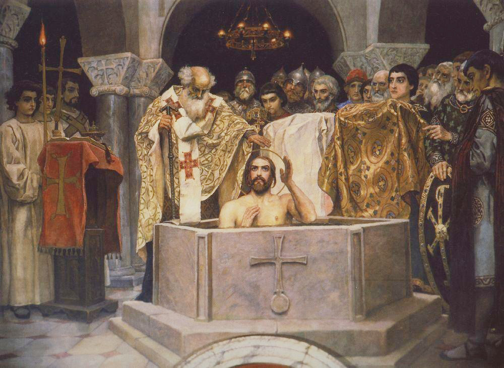 Pembaptisan Pangeran Vladimir. Sebuah fragmen lukisan dinding di Katedral Vladimir di Kiev, Ukraina. Viktor Vasnetsov. 