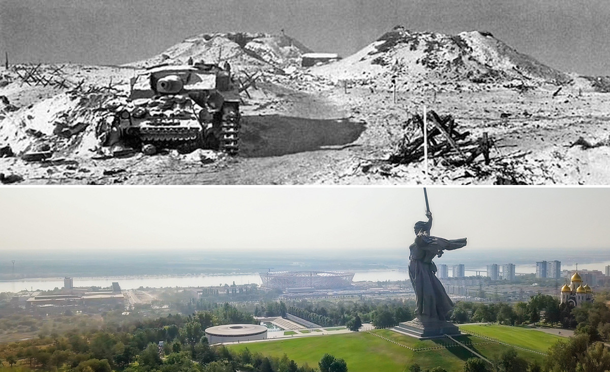 Der Mamajew-Hügel nach dem Krieg im Jahre 1945, und die aktuelle Ansicht vom gleichen Punkt.