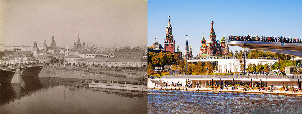 Il quartiere Zaryadye visto dal lungofiume Raushskaya negli anni '90 del 1800; a destra, il parco Zaryadye oggi