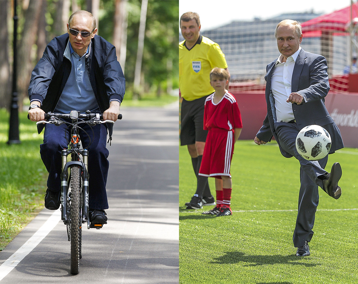 Vladímir Putin patea el balón durante un partido de fútbol en un Parque de Fútbol en la Plaza Roja durante la Copa Mundial de Fútbol 2018 en Moscú, Rusia