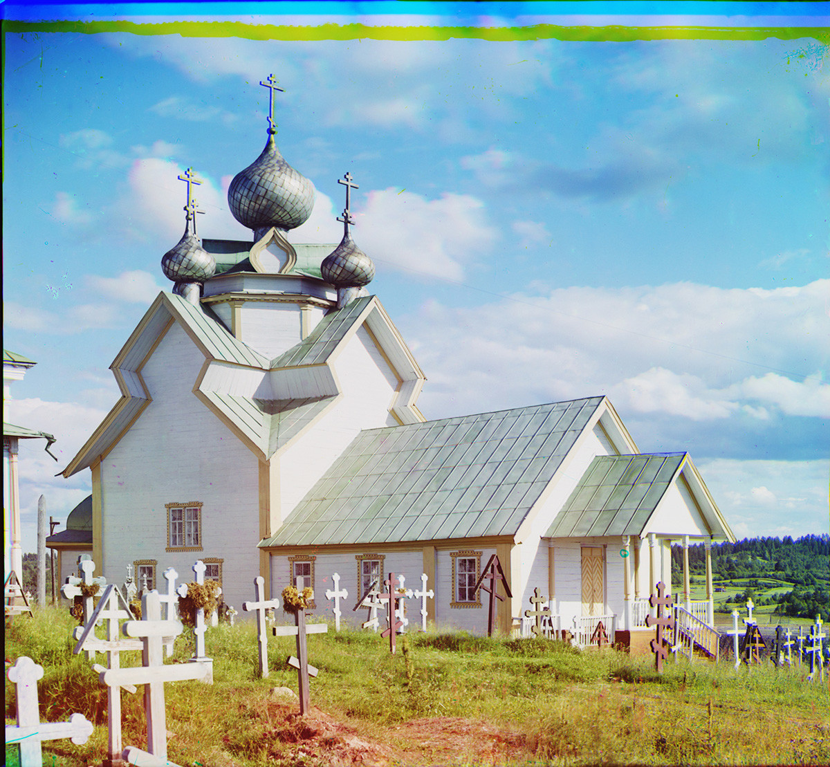 Devyatiny village. Church of the Dormition of the Virgin, northwest view. Destroyed by fire in 1984. Summer 1909
