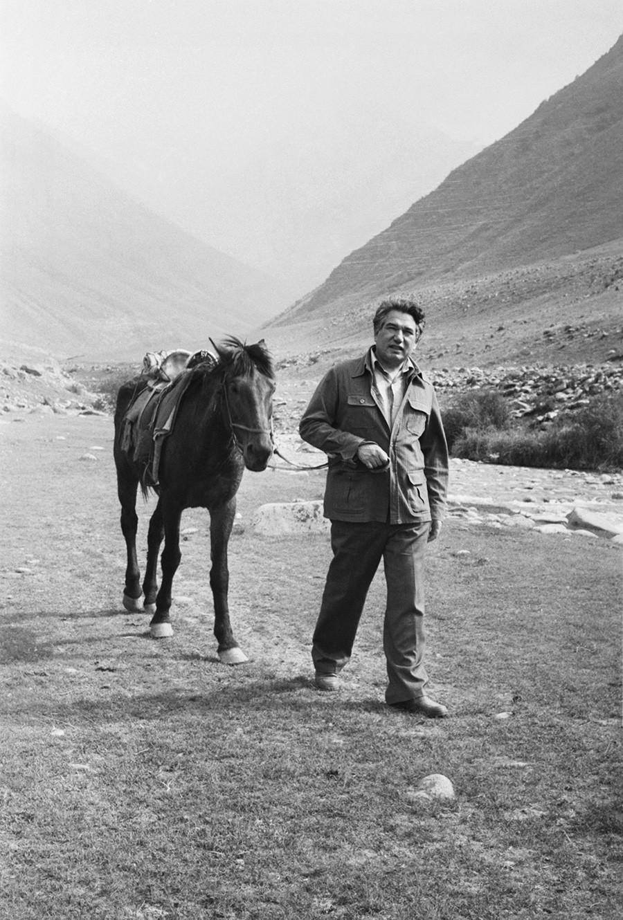 Chingiz Aitmatov walks in the vicinity of his native village Sheker in Kyrgyzstan, 1982