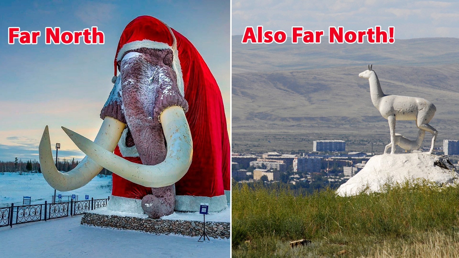 Left: Salekhard, the city on the Polar Circle. Right: Kyzyl, the city in Southern Siberia.