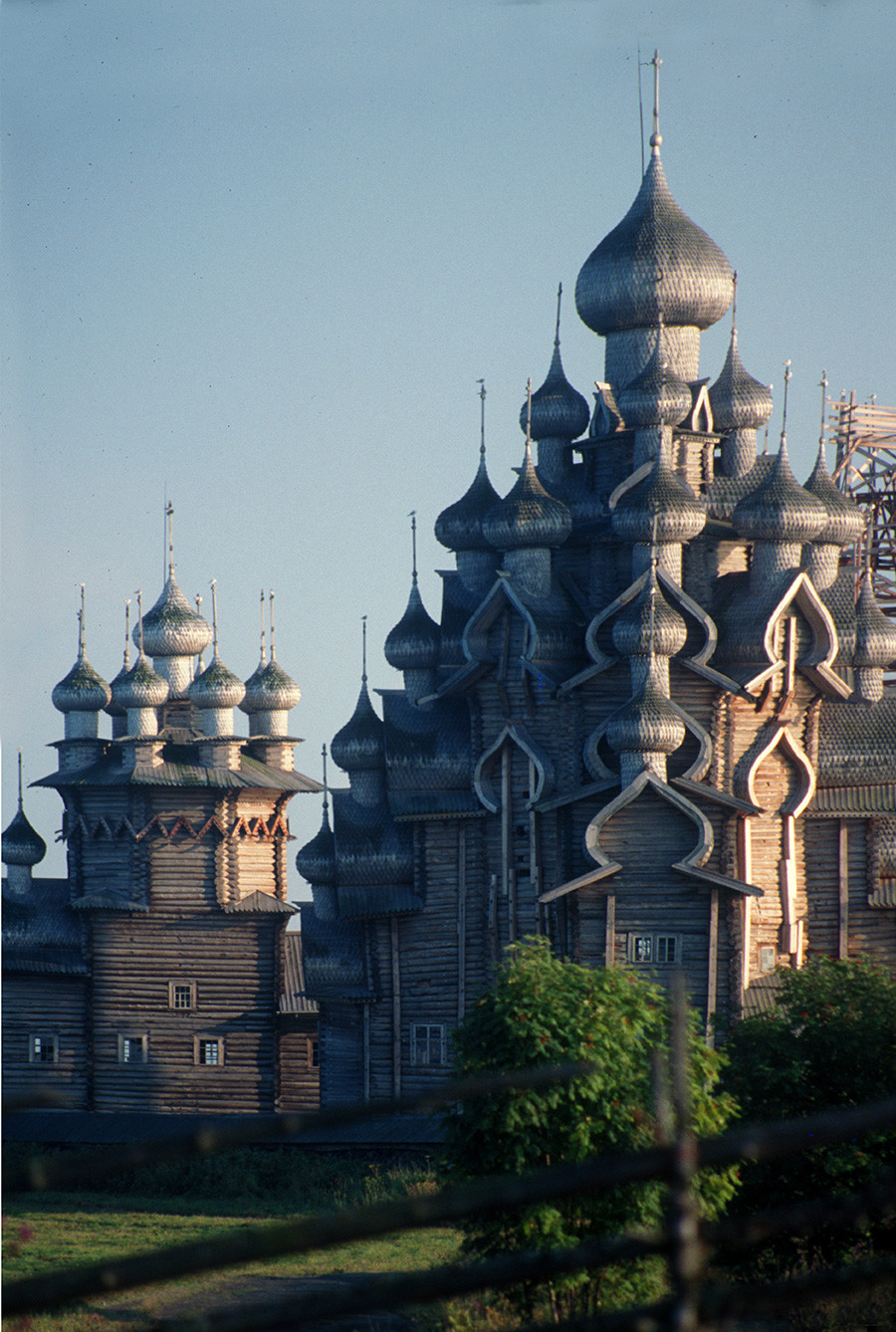 Kizhi pogost, north view with telephoto lens across pasture fence. From left: Church of the Intercession, Church of the Transfiguration. August 6, 1991