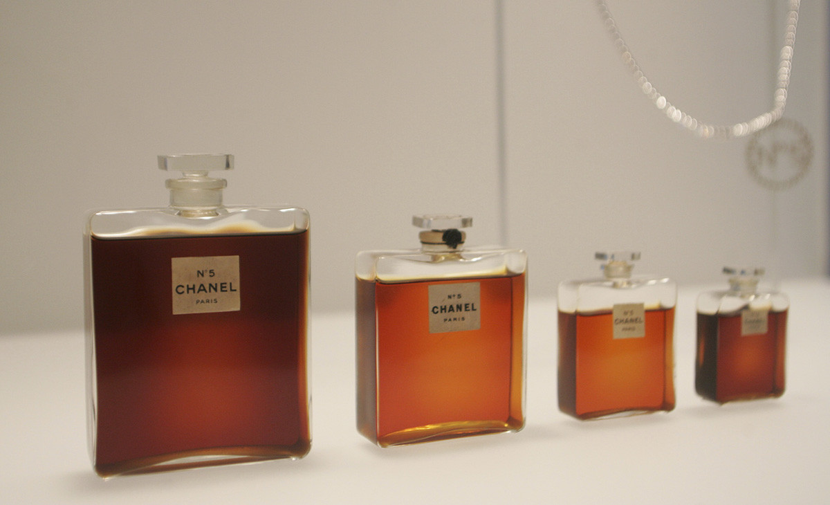Bottles of Chanel No. 5 perfume displayed at the Metropolitan Museum of Art's Costume Institute exhibit in New York