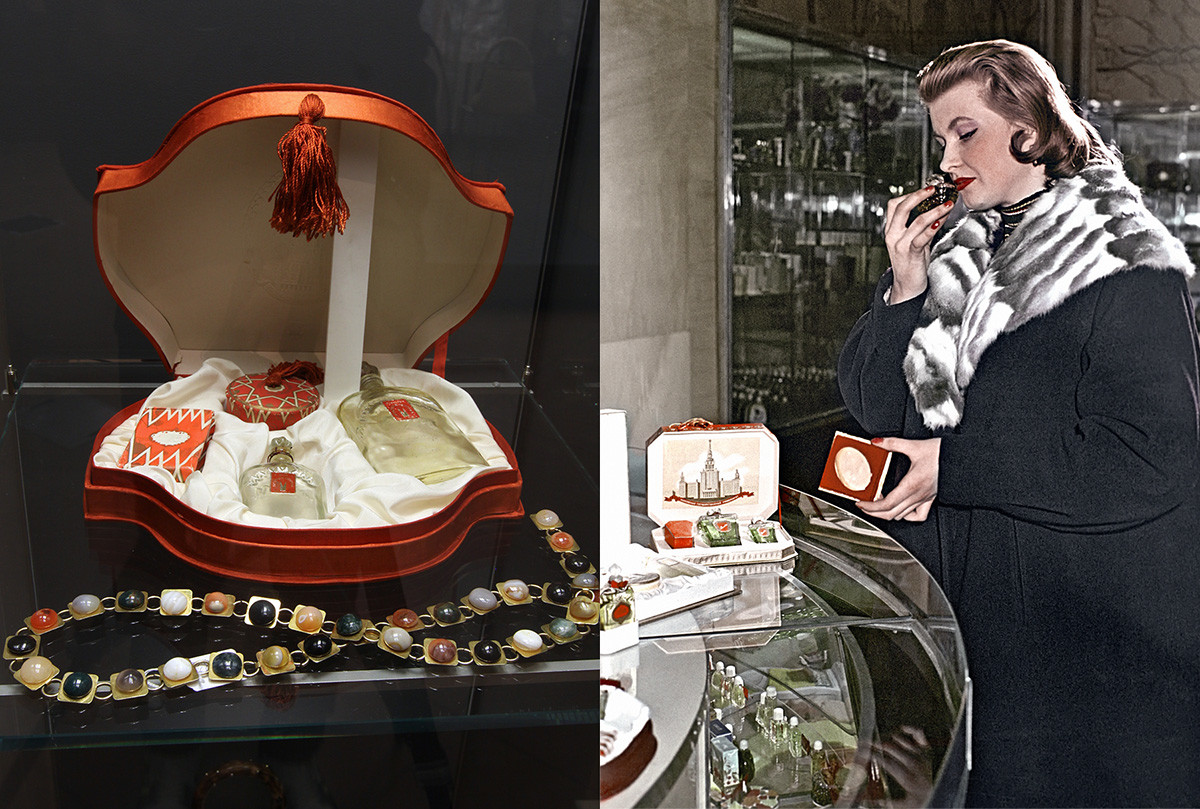 On the left: Red Moscow perfume set. On the right: A woman in perfumery store in Moscow chosing perfume, 1958