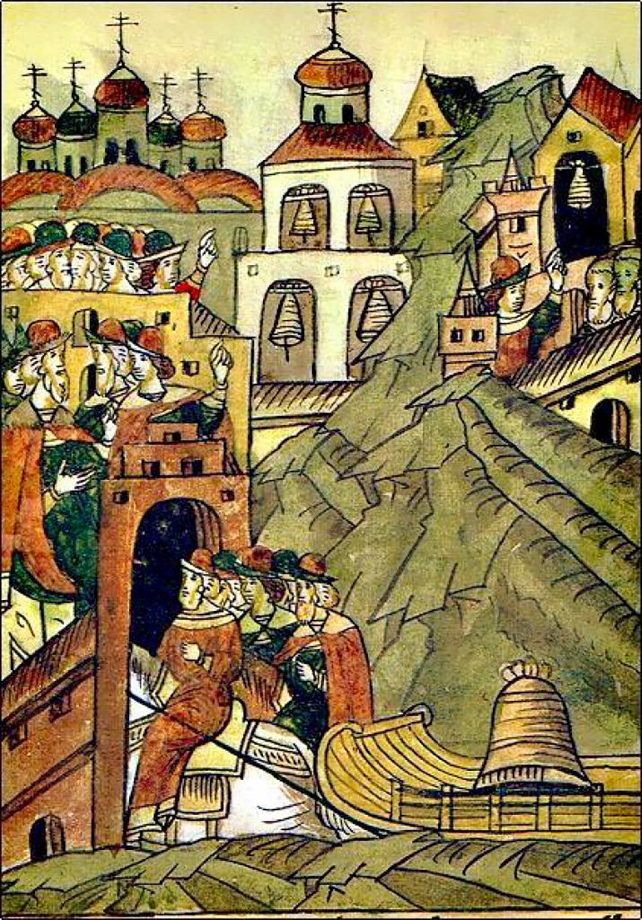 The Novgorod bell, tied up in knots, being taken from Novgorod to Moscow. From the Illustrated Chronicle of Ivan the Terrible (1568-1576).