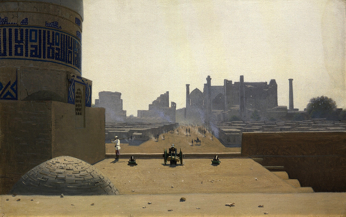 Rue principale de Samarkand depuis la hauteur de la citadelle au petit matin, 1870
