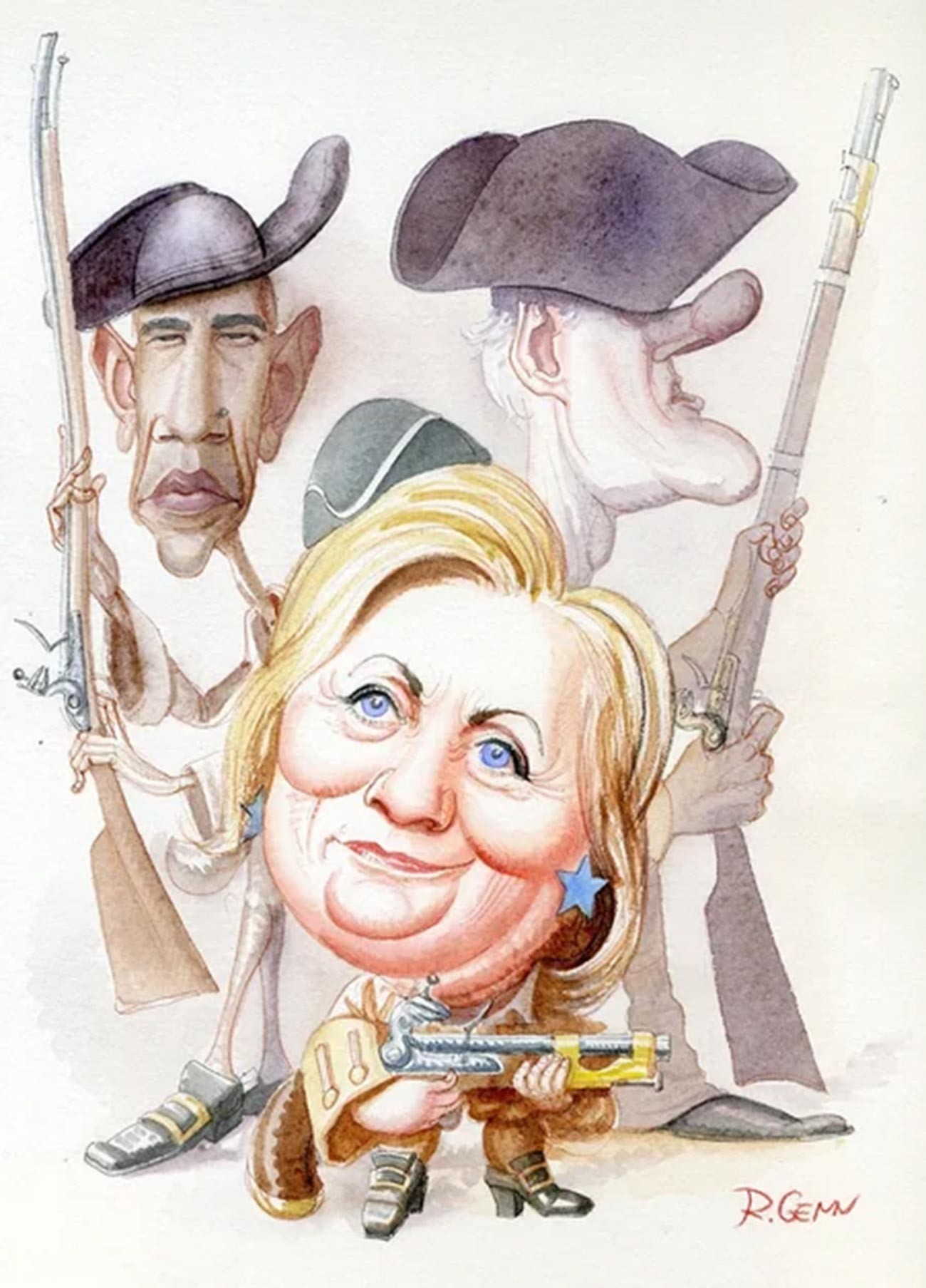 Hillary Clinton (Barack Obama et Bill Clinton en arrière-plan)