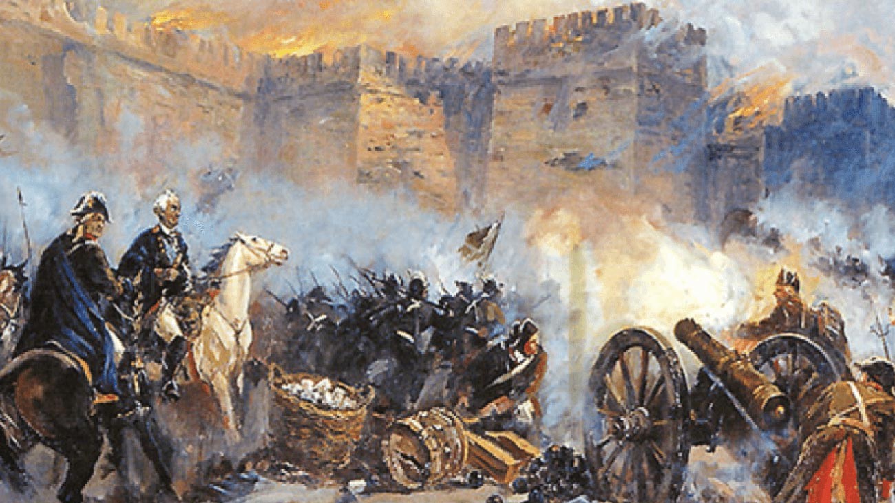 Действия русской артиллерии во время штурма крепости Измаил в 1790 году.