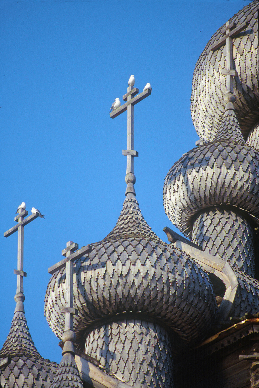 Iglesia de la Transfiguración. Fachada oeste, cúpulas con tejas de álamo. 6 de agosto de 1991