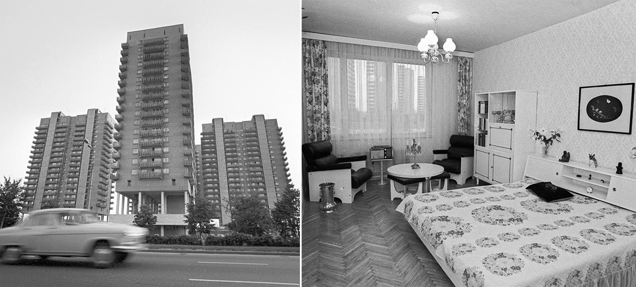 Left: A housing cooperative in Moscow. Right: An apartment in a condominium in Moscow.  