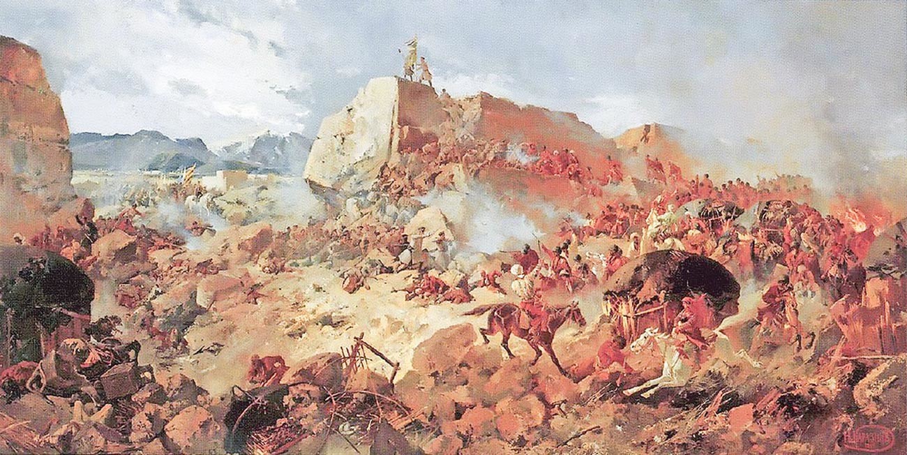 Oil painting depicting a Russian assault on the fortress of Geok Tepe during the siege of 1880-81.