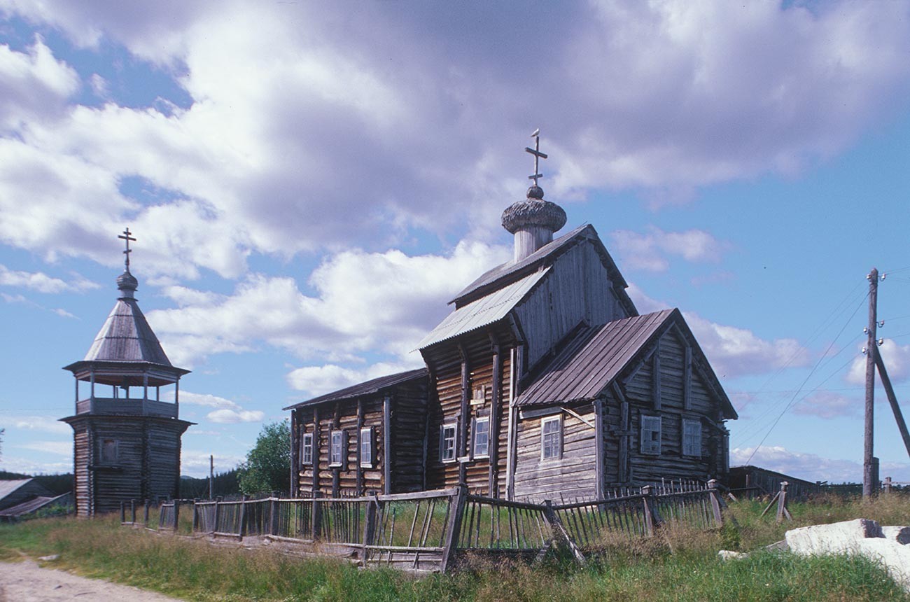 Kovda. Church of St. Nicholas, southeast view with bell tower. July 24, 2001