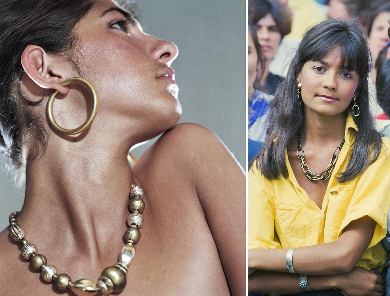 Left: Plastic jewelry made in Georgia. Right: A lady attends a public event in Kizhinev, Moldova.

