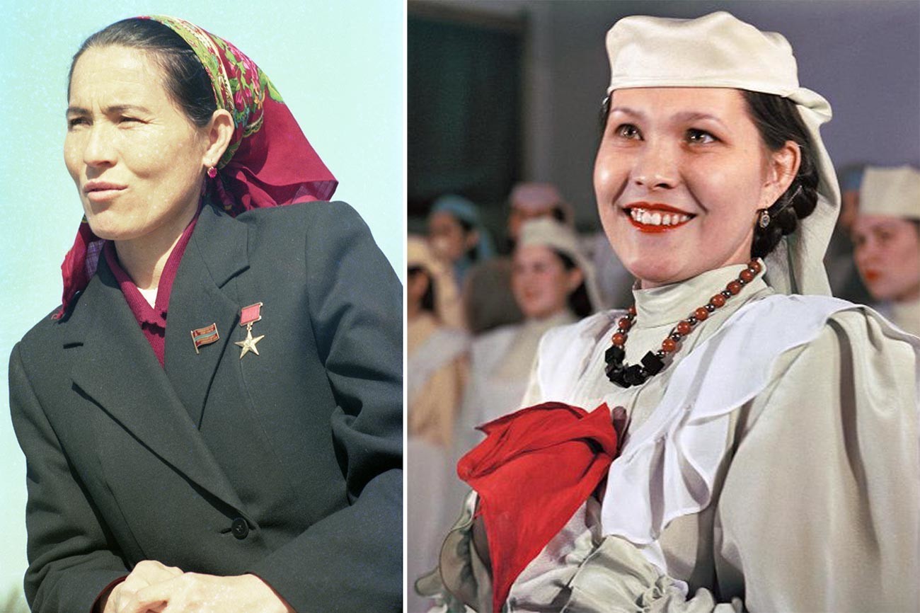 Left: Hero of Socialist Labor, milkmaid of the Uzhbek SSR collective farm Munavvar Isakova. Right: A choir artist in Kazan Lina Zaripova. Both women wear earrings with huge gems.

