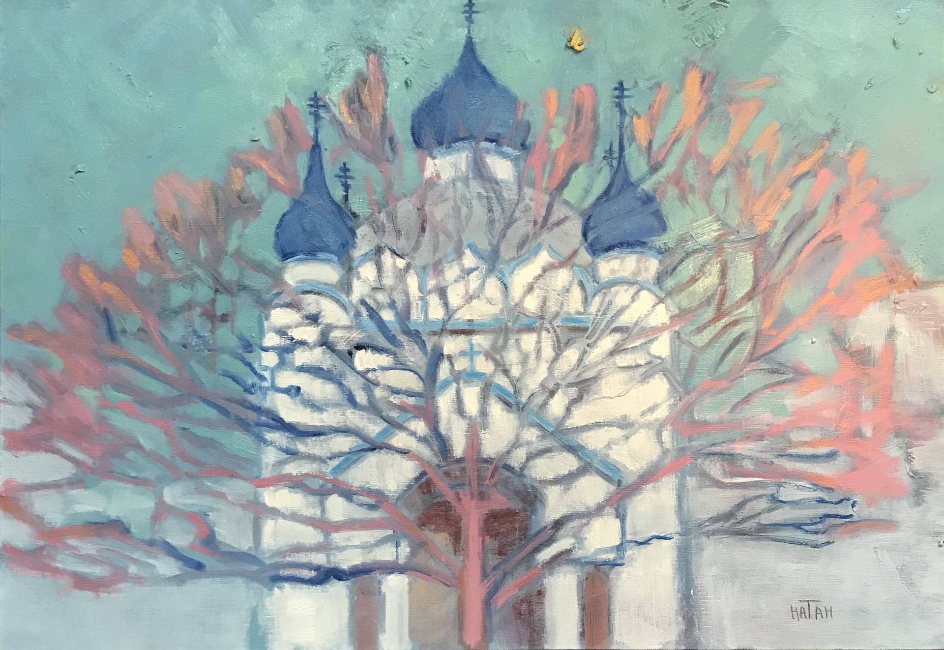 L'arbre de l'exode russe sur fond du temple Alexandre Nevski en Tunisie. Tel que conçu par Natan, il symbolise la diffusion de la culture russe et de l'orthodoxie dans le monde par les émigrants russes de la première vague. 