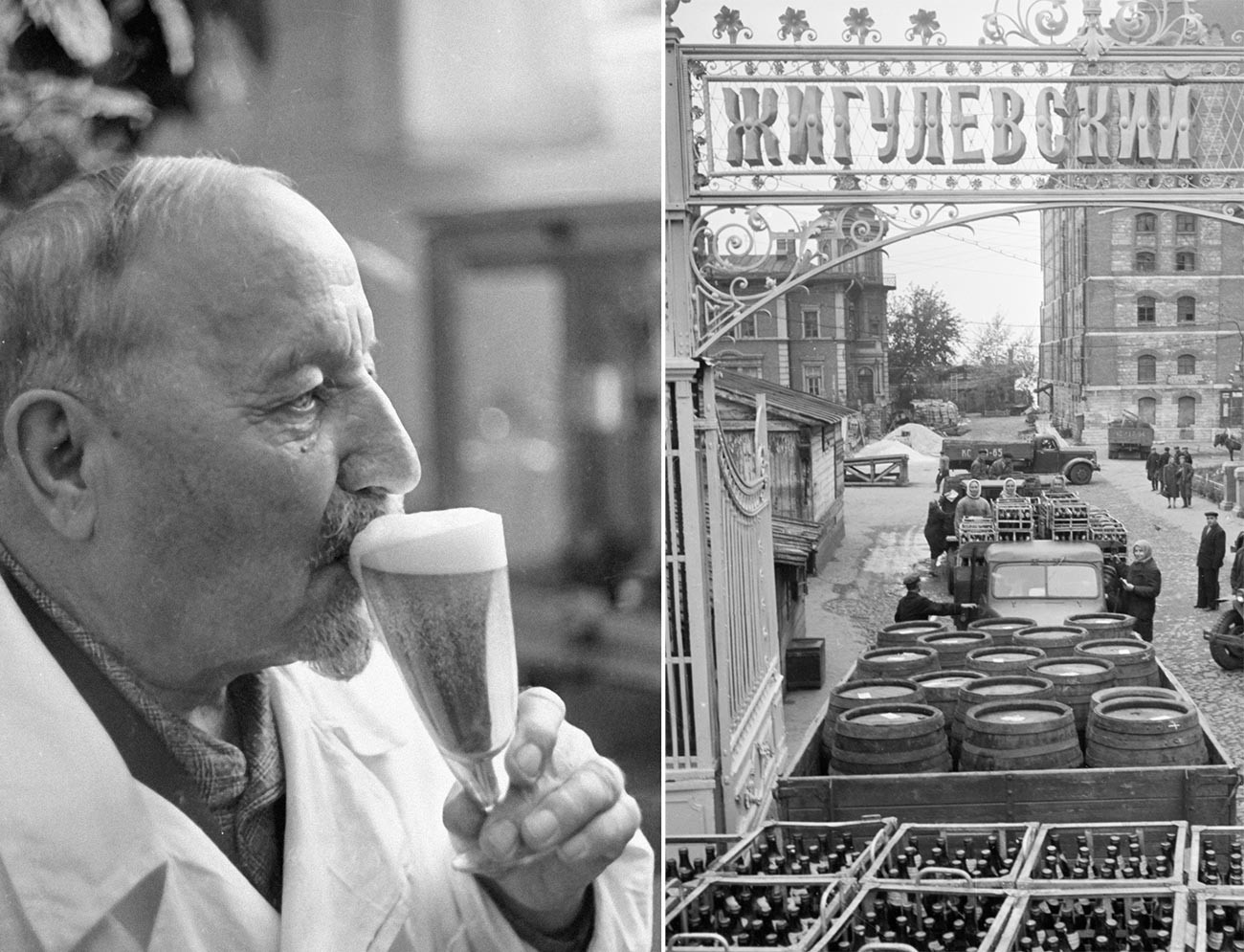 El cervecero Alexánder Kasiánov y la vista de la planta Zhigulióvskoie en la época soviética.