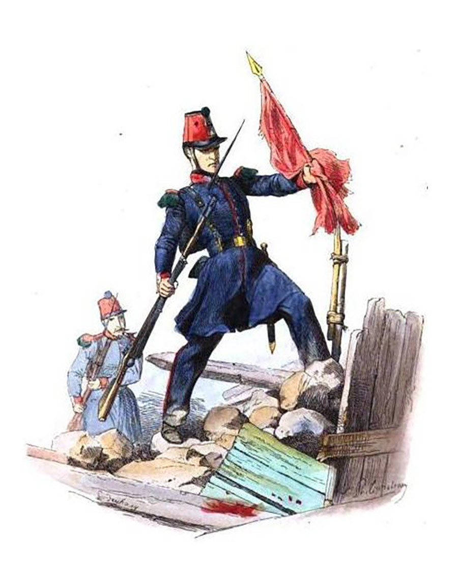 Soldato della guardia nazionale francese abbatte uno striscione rosso durante la rivoluzione del 1848
