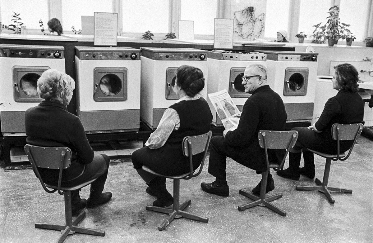 People wait for their wash at the laundry, Novosibirsk, 1973.