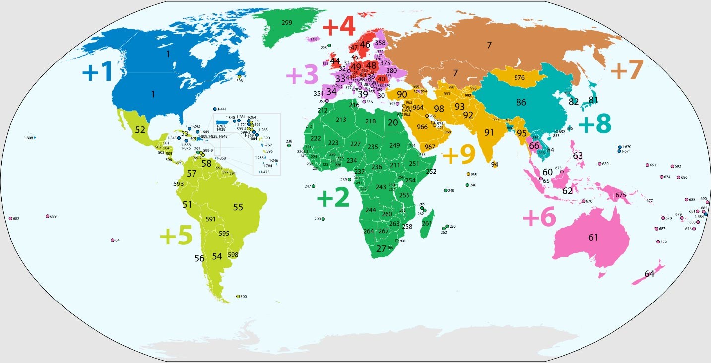 World map of the country calling codes