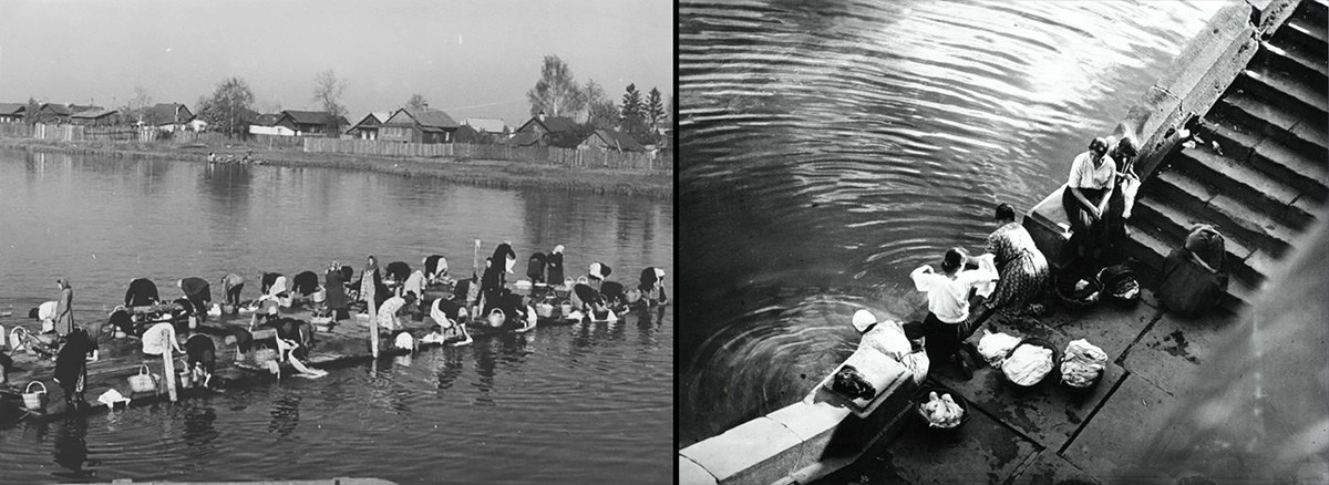 左側：スホン川で洗濯、ヴォルゴグラード州、1950年。右側：モスクワ川で洗濯する女性。1925年