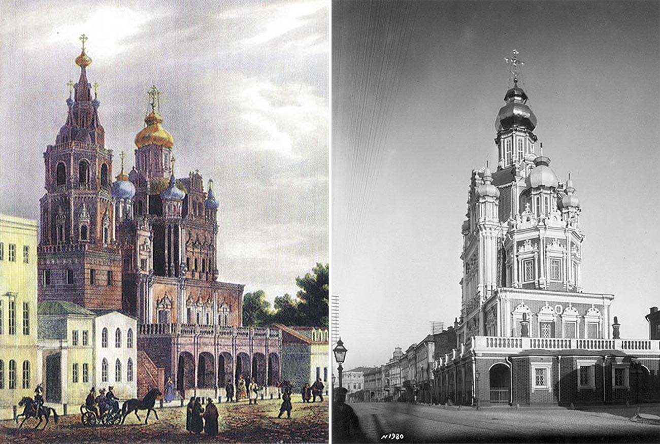 Chiesa dell’Assunzione. Litografia del 1825 di O.Kadol (a sinistra) e foto del 1883