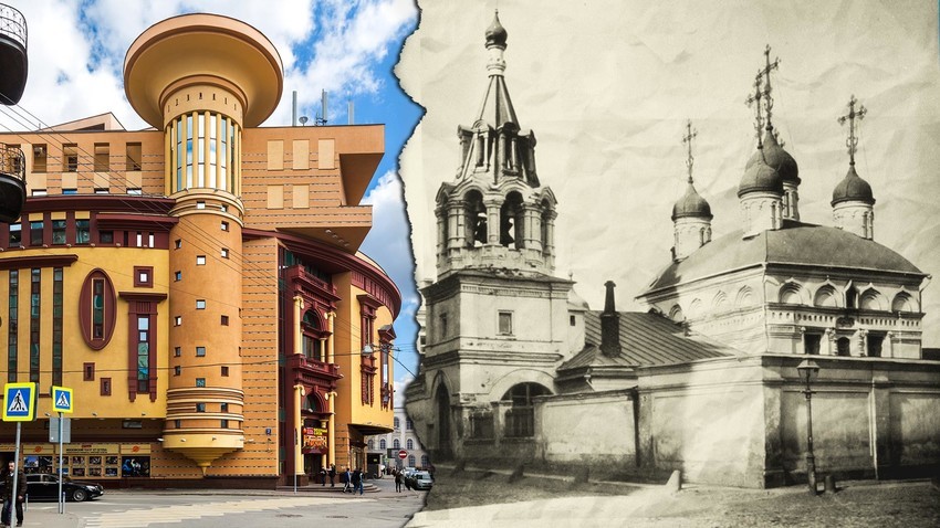 A Igreja dos Santos Florus e Laurus no Portão de Myasnitsky (dir.) poderia hoje estar situada em frente ao teatro Et Cetera (esq.)