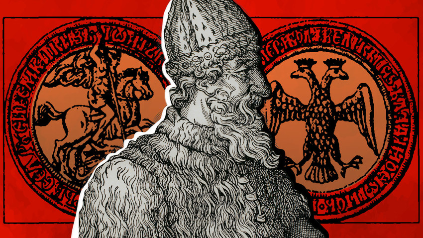 Ivan III against the backdrop of the State Seal of the Moscow Tsardom.