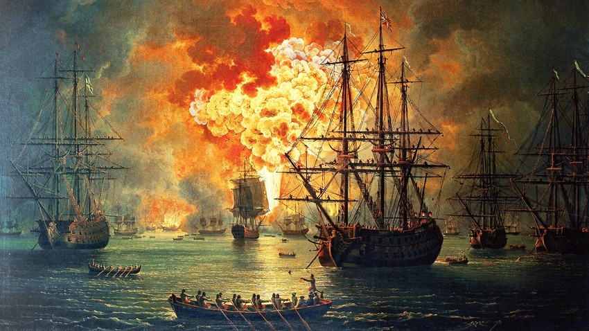 La distruzione della flotta turca nella baia di Cesme