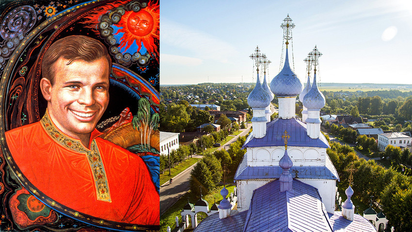Yuri Gagarin dalam gaya tradisional Palekh dan pemandangan gereja utama Palkeh dengan kubah ungu.