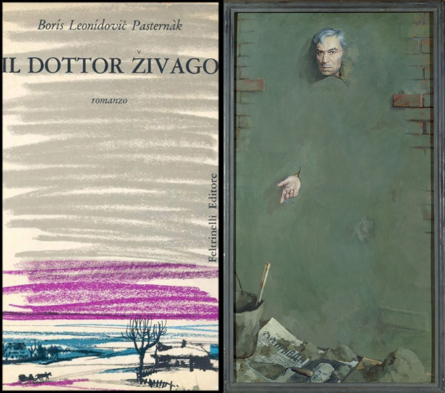 The book cover of the first Italian edition of 'Doctor Zhivago', 1957 (L)  Petr Belov. Russian school. Portrait of Boris Pasternak, 