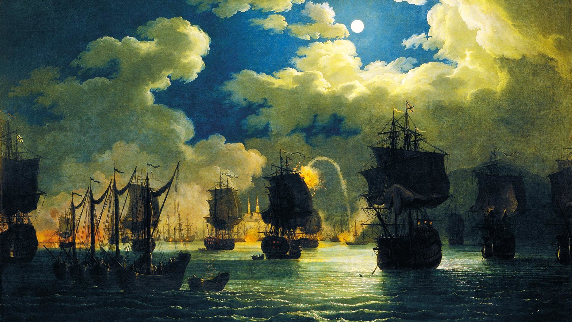 Der Beginn der Schlacht von Chesme in der Nacht des 7. Juli 1770.