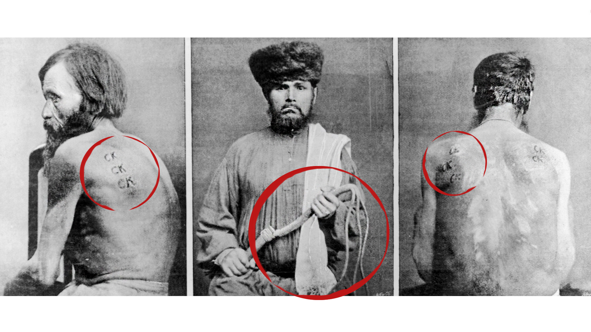 De gauche à droite : un forçat sibérien marqué des lettres « SK » pour avoir tenté de s'évader, un bourreau et un prisonnier blessé par un fouet, vers 1860.