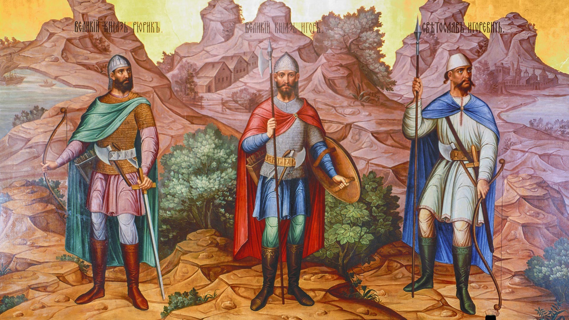 Les princes Riourik, Igor et Igor Sviatoslavitch. Reproduction d'une peinture murale