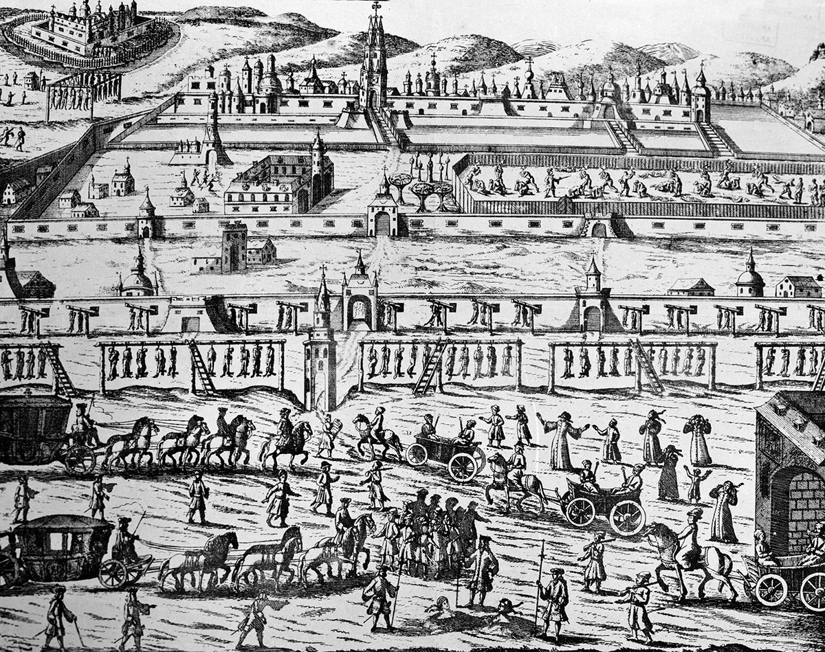 „Hinrichtung von Bogenschützen in 1698“ aus dem Buch von Johann Korb. Aus Mitteln des Staatlichen Historischen. Museums.